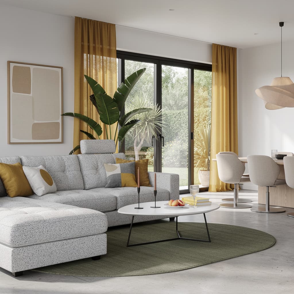 AI generated: ultra realistic modern scandinavian open living room, long space extending to the right, interior ar...