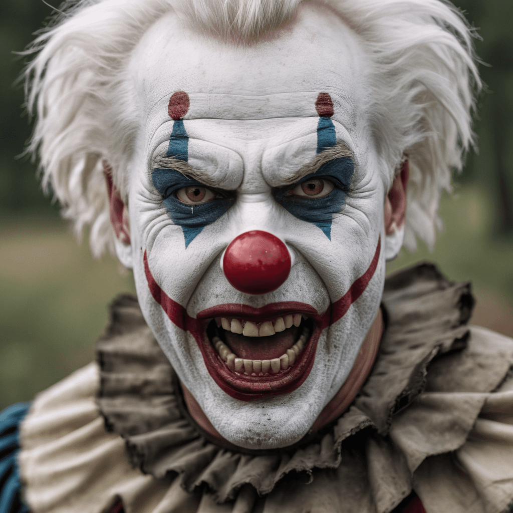 AI generated: (photo RAW),creepy angry evil man clown with long, sharp bloody teeth,fantasy, horror,white hair,mas...