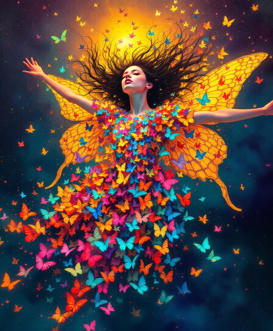 AI generated: Surrealistic butterfly woman wearing a dress made of colourful butterflies, luminous, magical, golde...