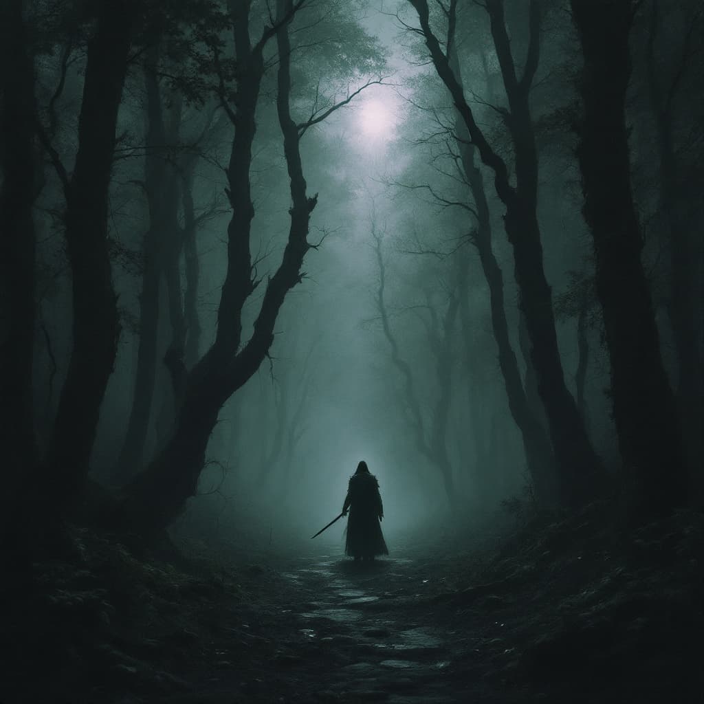 AI generated: a warrior in a dark ,foreboding forest , with beems of eerie light