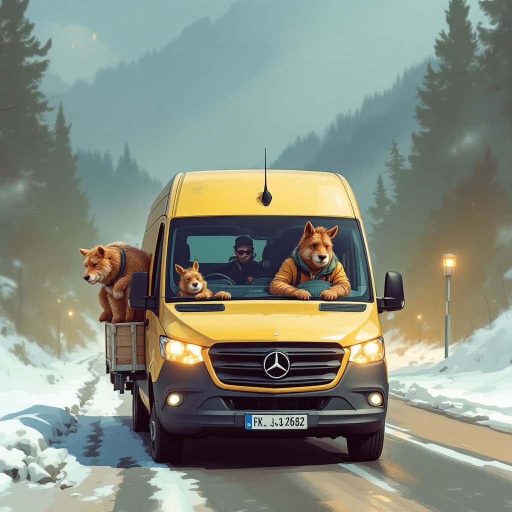 AI generated: zeichne einen sprinter mit einem chauffeur aus der schweiz. der sprinter solle einen pritschenwagen ...