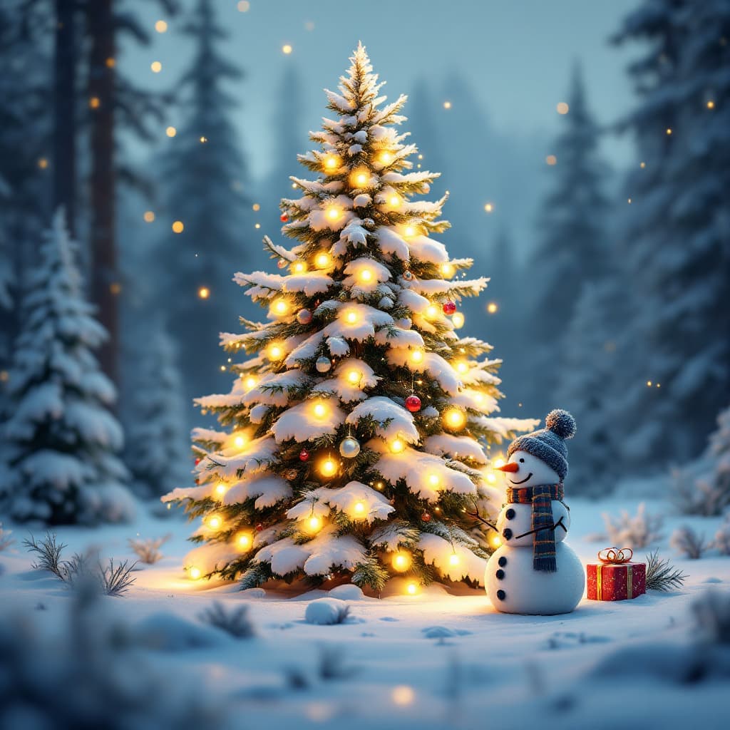AI generated: Cgi- New Year tree, next to it a Christmas snowman found a gift, in the style of Kaws, with glowing ...