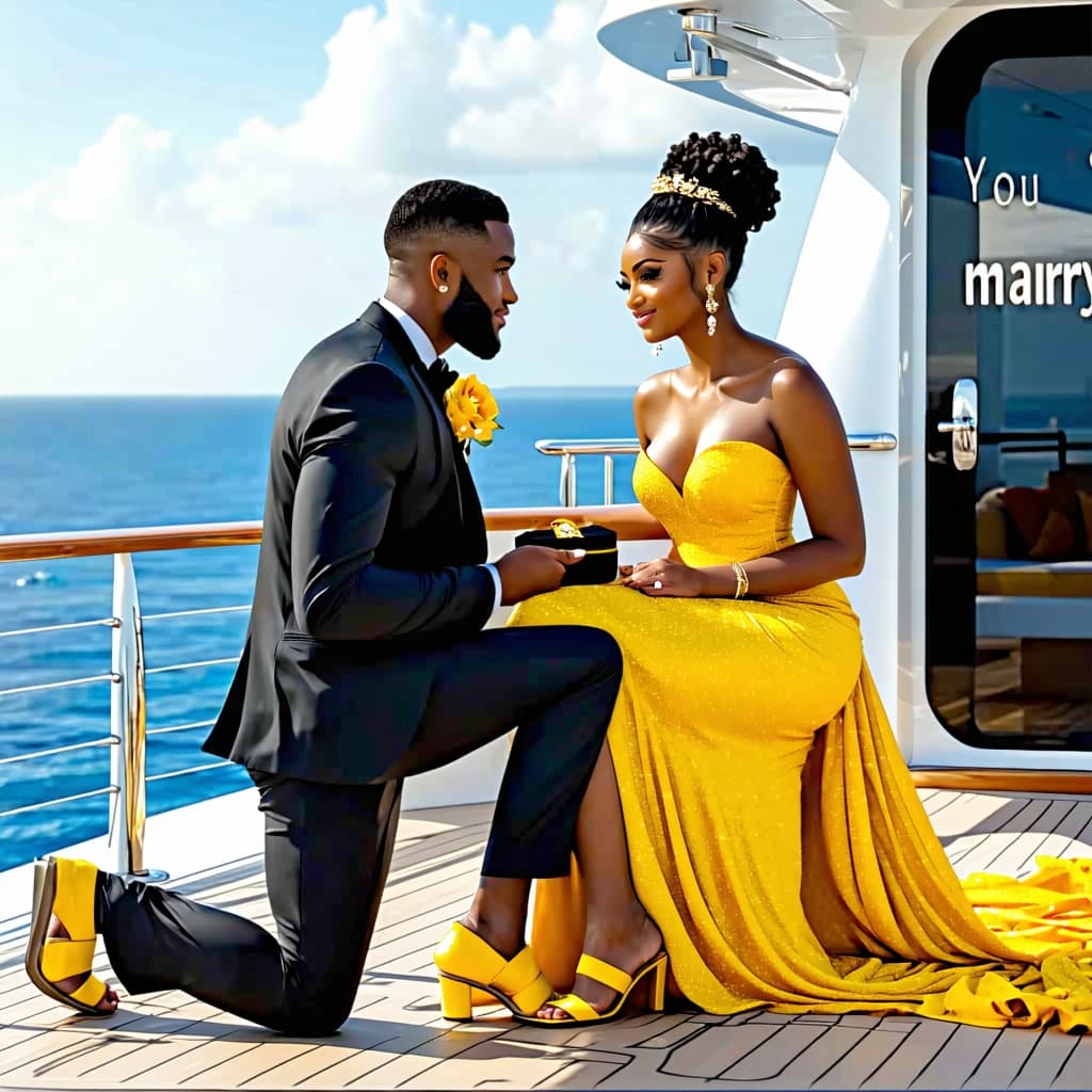 AI generated: 4K HD realistic african american couple on the deck of a yacht he is on bended knee holding up a rin...