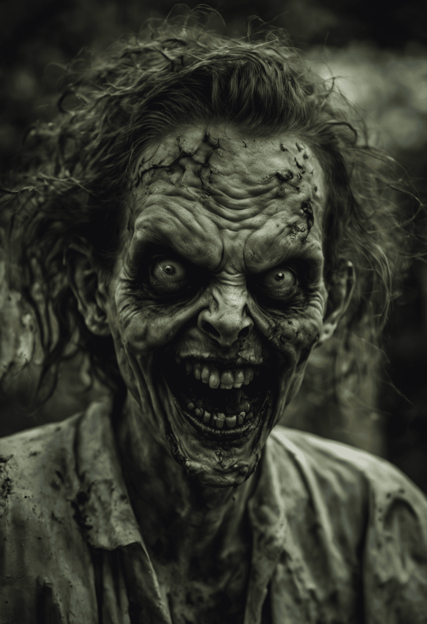 AI generated: A zombie evil laughs at the camera,very detailed,photorealistic,night in the cemetery,creepy atmosph...