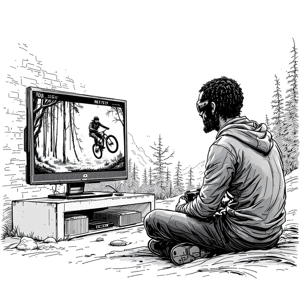 AI generated: A mountainbiker watching you as he plays the playstation to the Matrix game that he is with his body...