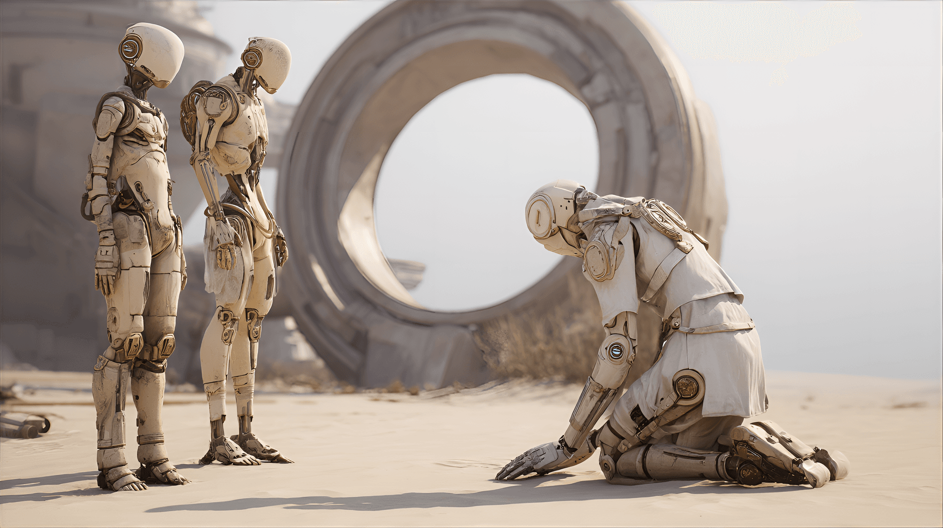 AI generated: Desert landscape, three android figures,  pale beige/tan color,  female android standing upright,  m...