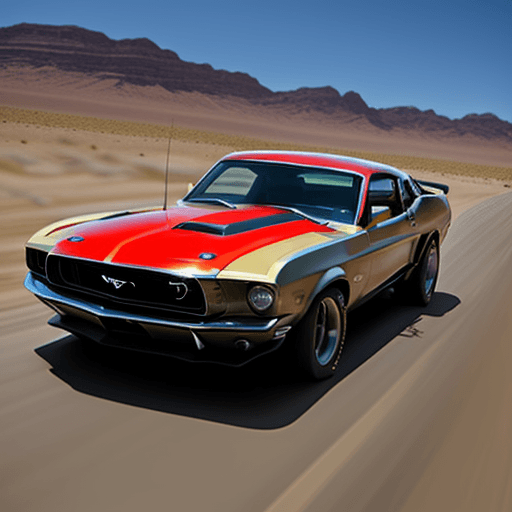 AI generated: muscle car mustang 1970 going 80 mph. in a desert