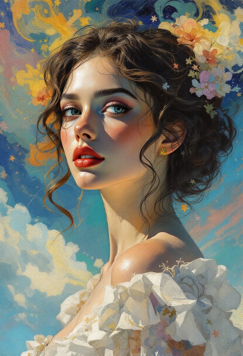 AI generated: Portrait stunning woman, art nouveau, neo impressionism, charcoal illustration colourful brushstroke...