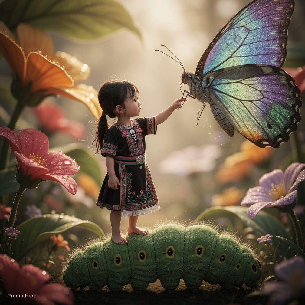 AI generated: very little Hmong girl in a macro fairy world, giant butterfly to one side of the girl, giant flower...