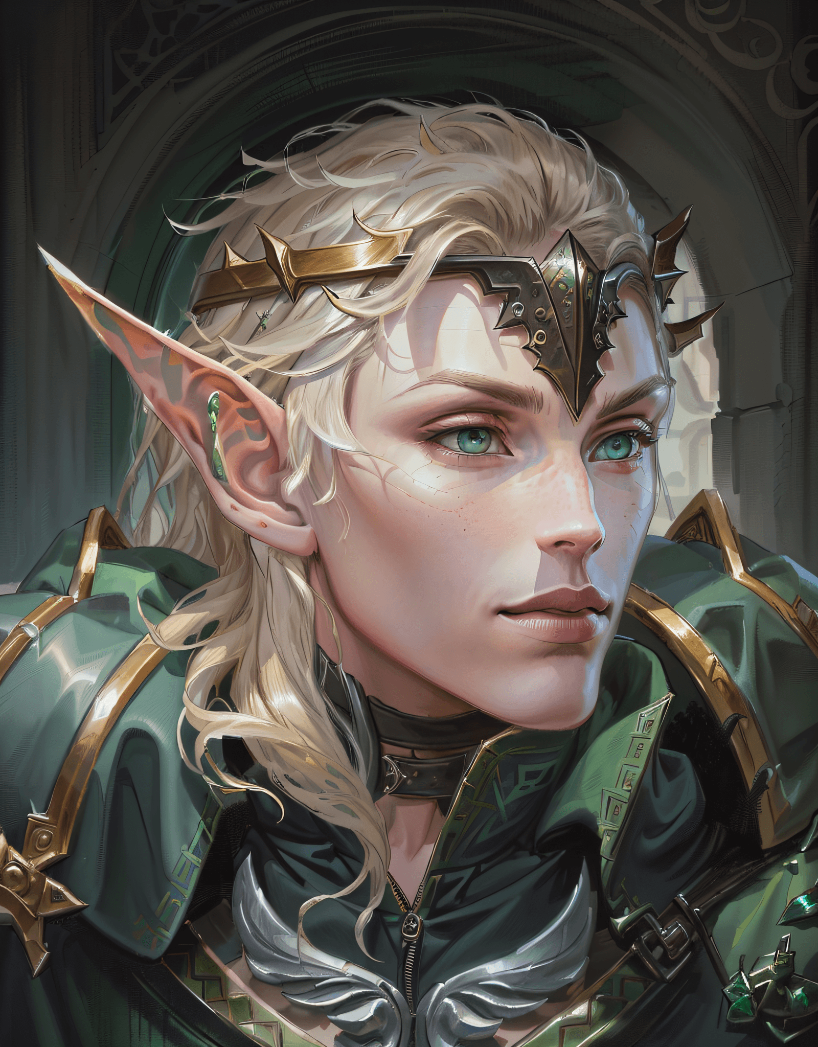 AI generated: a close up of a person with green eyes and a sword, a portrait of a male elf, a portrait of an elf, ...