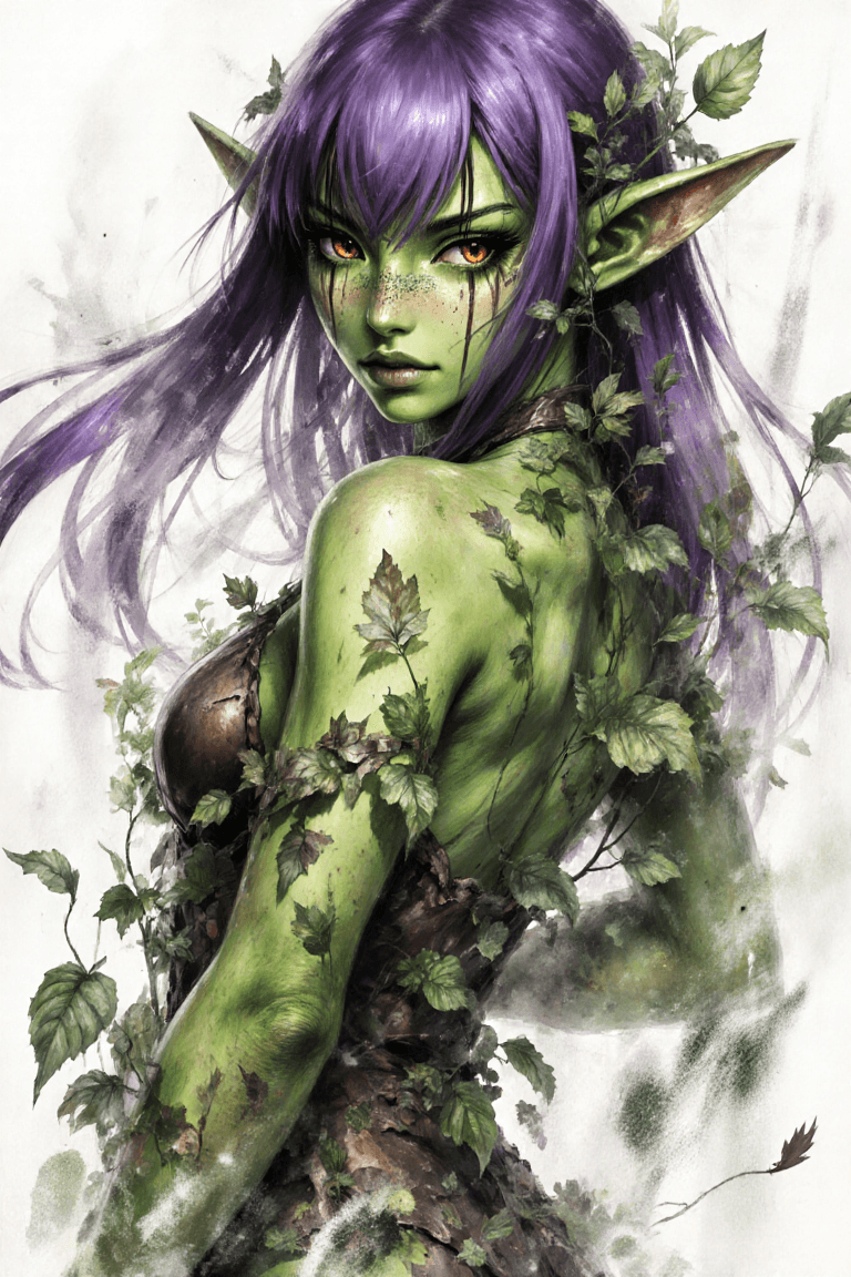 AI generated: painterly anime artwork, painterly anime artwork, sexy mature dryad, purple long hair, green sclera ...