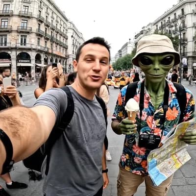 AI generated video: POV iPhone video recorded in the center of Madrid, Spain — near Puerta del Sol. A man holds his phon...