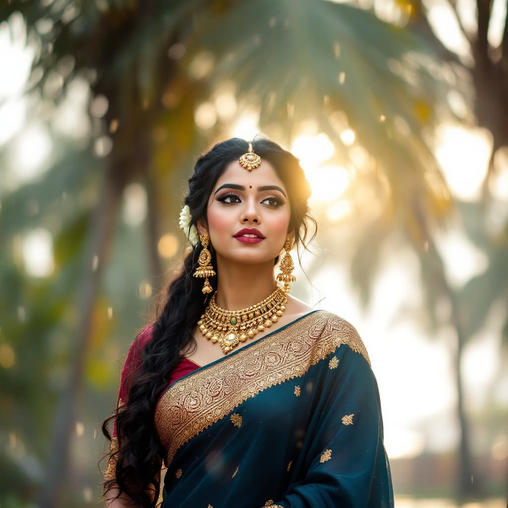 AI generated: Indian woman posing for a photograph, showcasing a hot figure in a stylish saree and Indian jewelry....