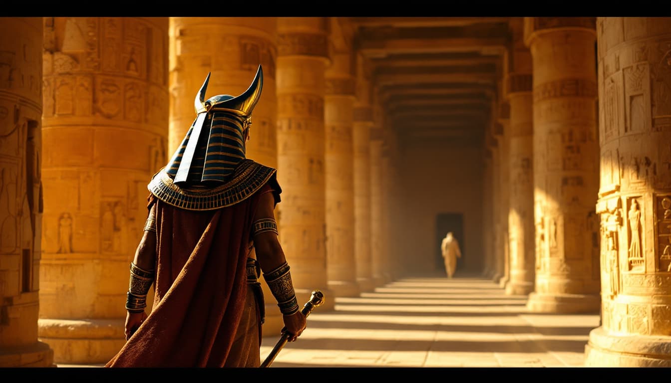 AI generated: An ancient Egyptian pharaoh walks down a long corridor in front of me inside a temple, holding a sce...