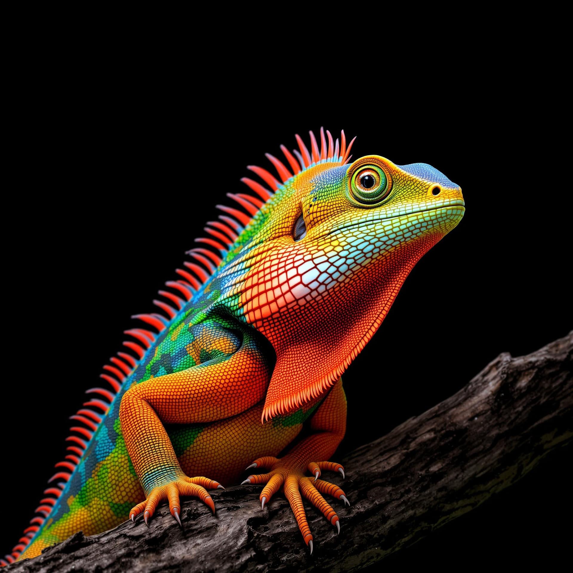 AI generated: The portrait image features a large, colorful lizard with a neck and a long tail. The lizard is on a...