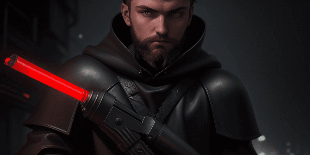 AI generated: Wide angle close-up of Slavic very young man knight with small beard and no helmet wearing black mat...
