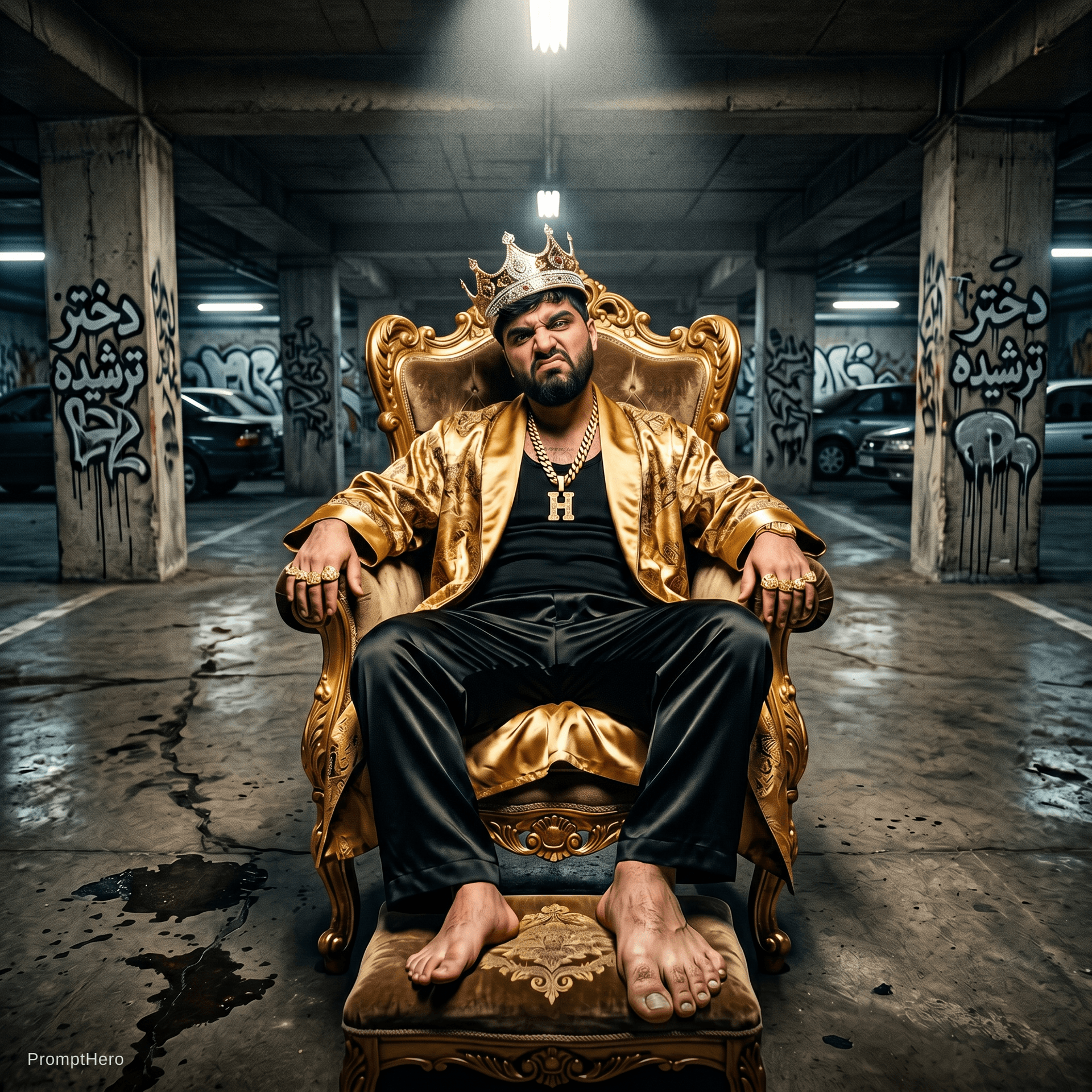 AI generated: *Surreal luxury rap cover, "Sour Girl". A male rapper lounging on an antique velvet throne placed in...
