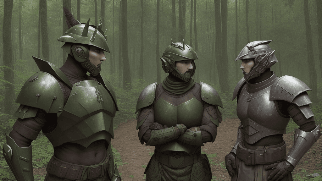 AI generated: Armoured warriors discussing in a forest 