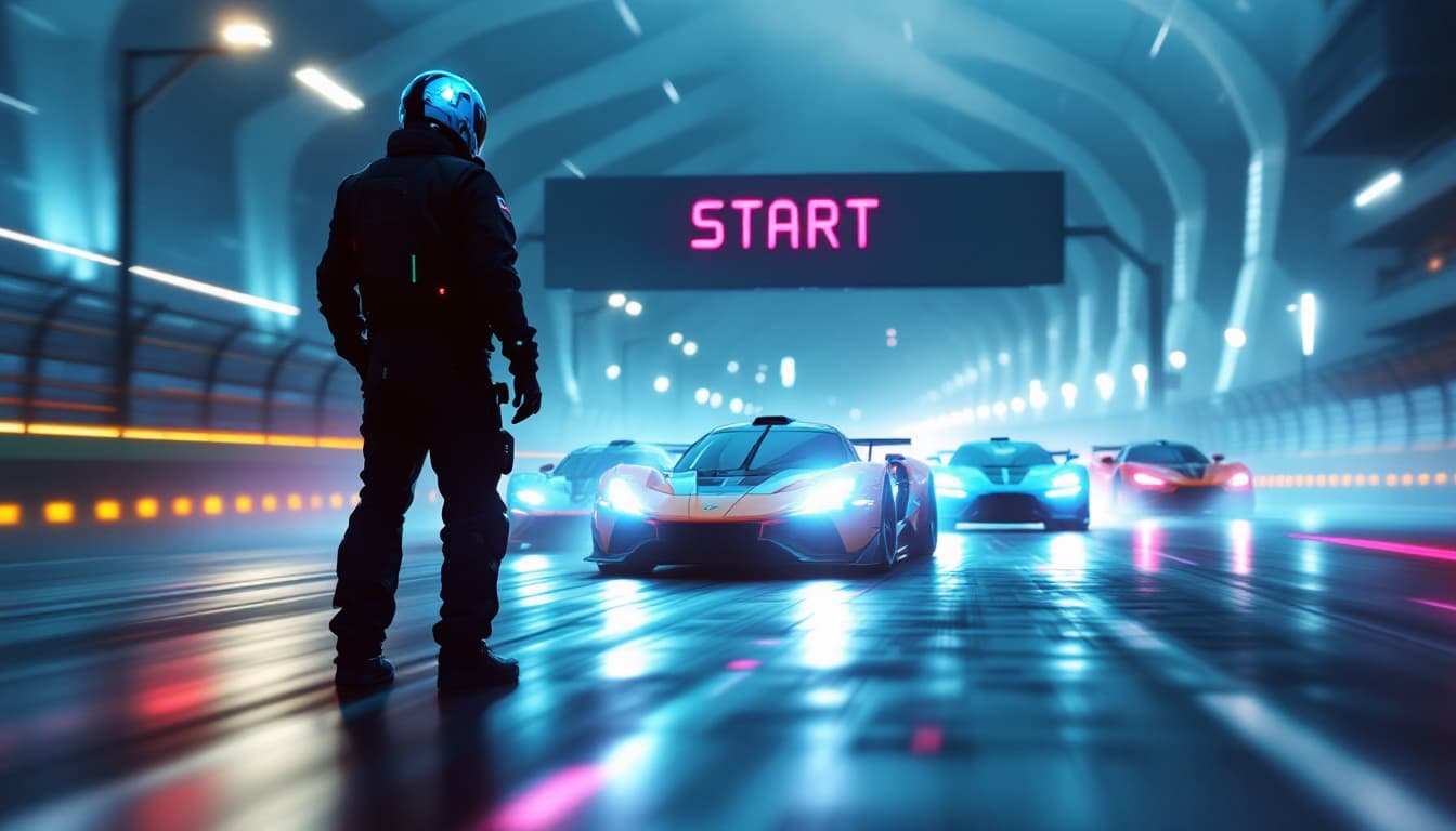 AI generated: The start sounds and the starter stands on the side of the racing cars. Gives the go-ahead with a fl...