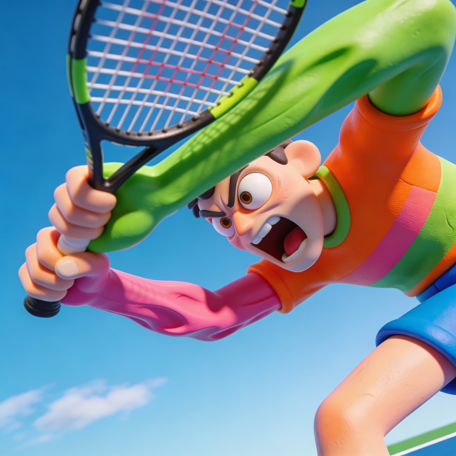 AI generated: Highly stylized, hyper-expressive 3D illustration depicting a cartoon character frozen mid-action wh...