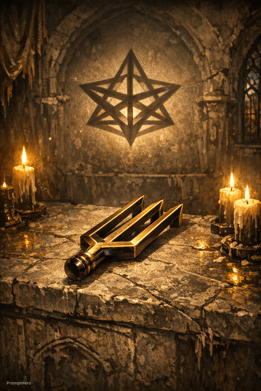 AI generated: impossible trident / devil's tuning fork optical illusion lying on a stone altar in an abandoned cha...