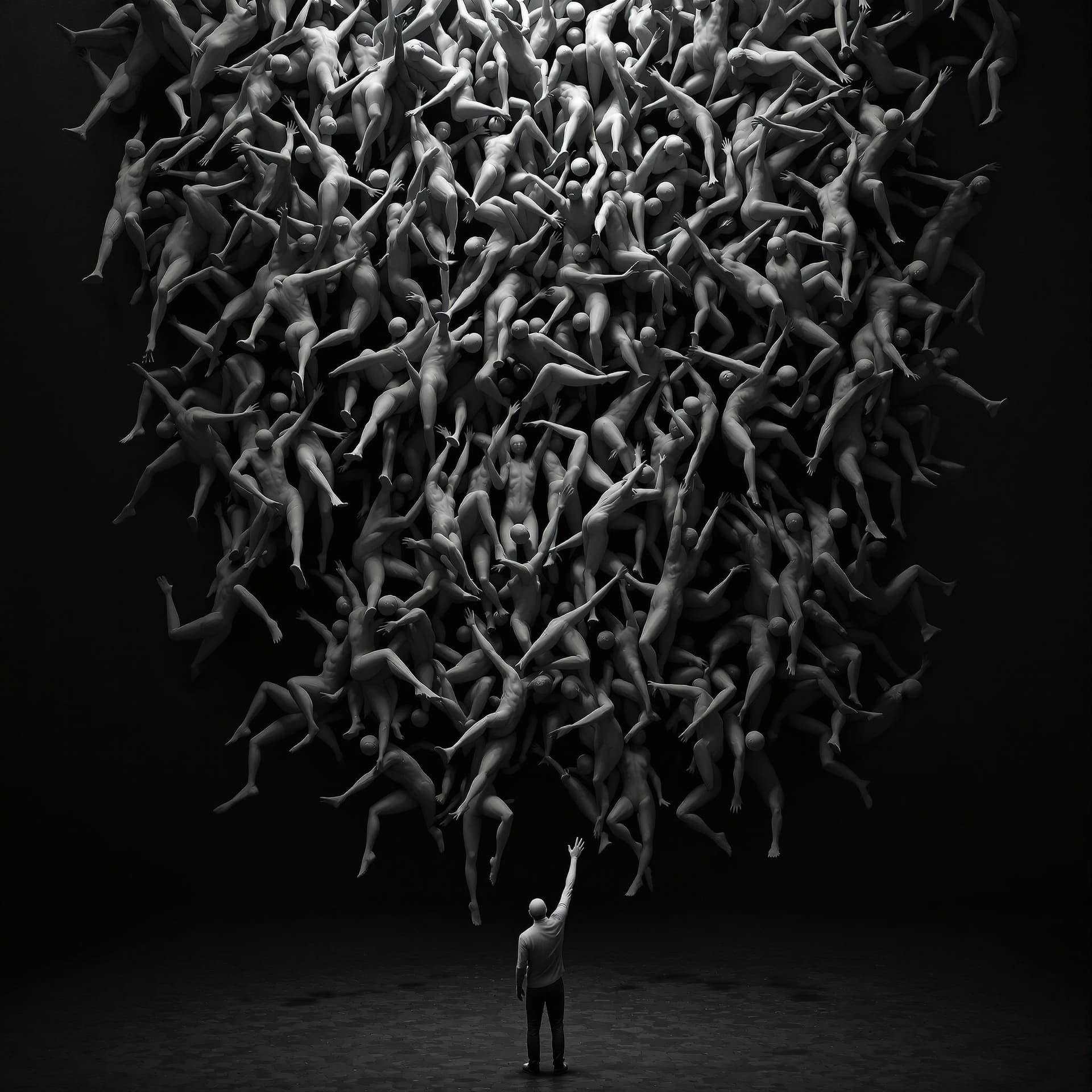 AI generated: surreal scene with a human figure at the bottom, reaching up towards a cascade of intertwined human ...