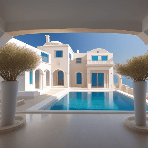 AI generated: Double storey house designed in traditional Cycladic architectural style, Greek island setting with ...