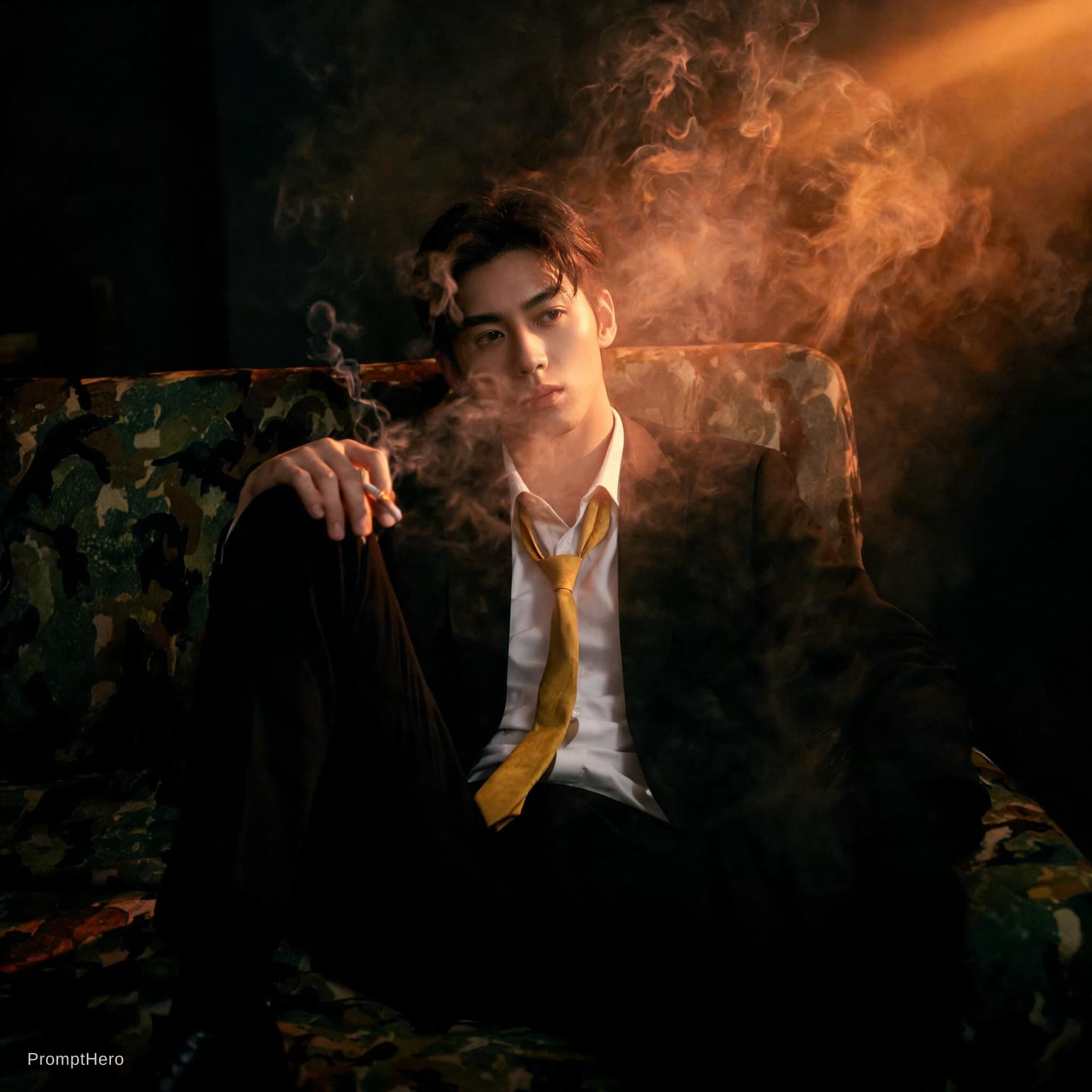 AI generated: photography, cover shoot, dimly lit room with a hazy atmosphere, capturing a professional male model...