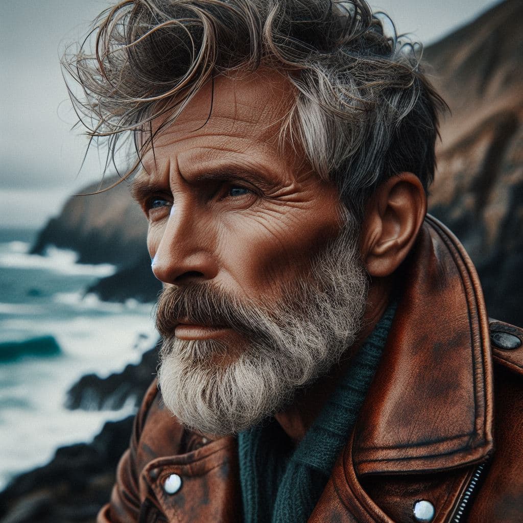 AI generated: Portrait, older man model, weathered by time, gazes into the distance, lost in memories of glory, on...
