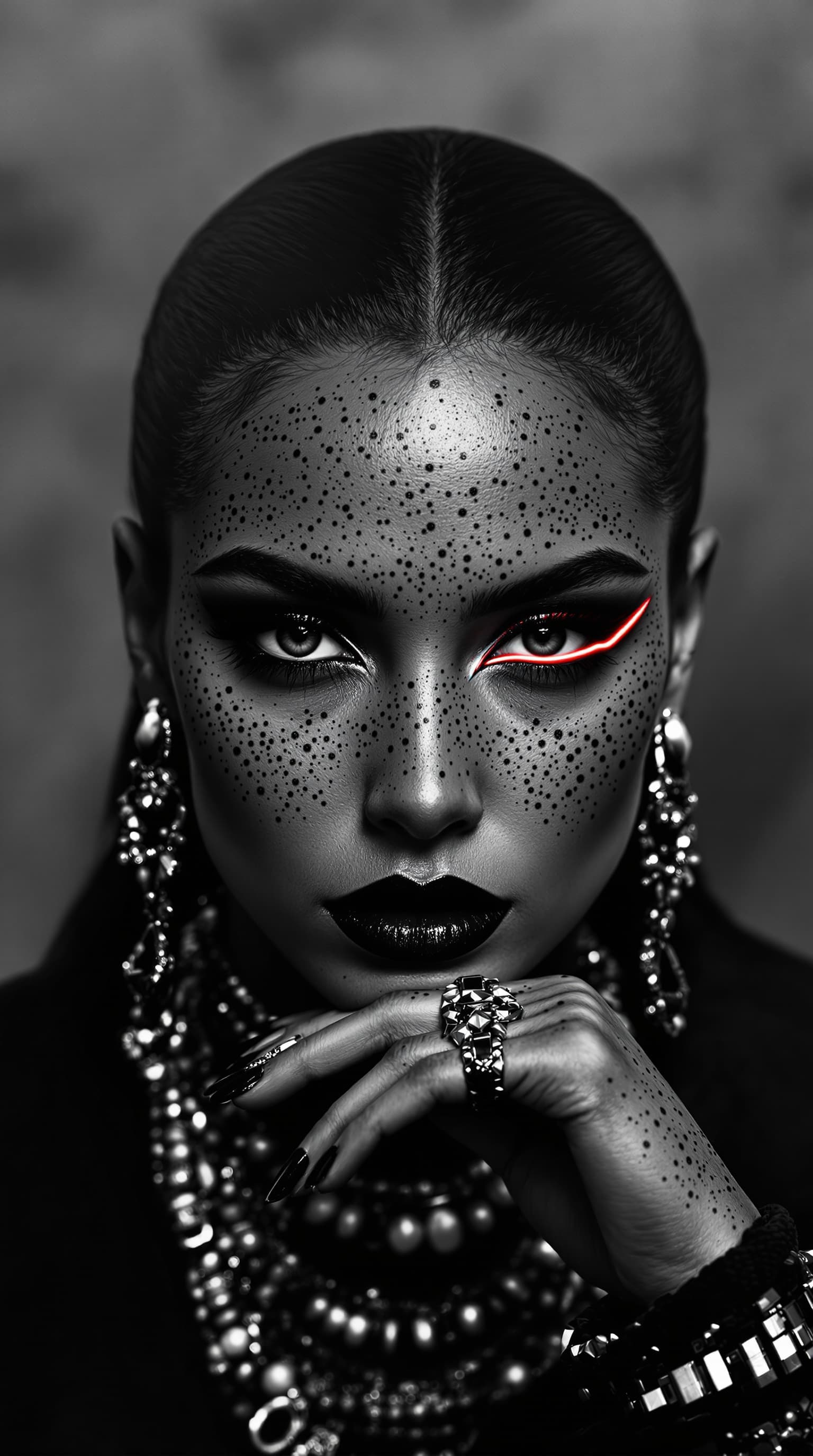 AI generated: A dramatic, black and white high-fashion close-up portrait of a woman with her face covered in promi...
