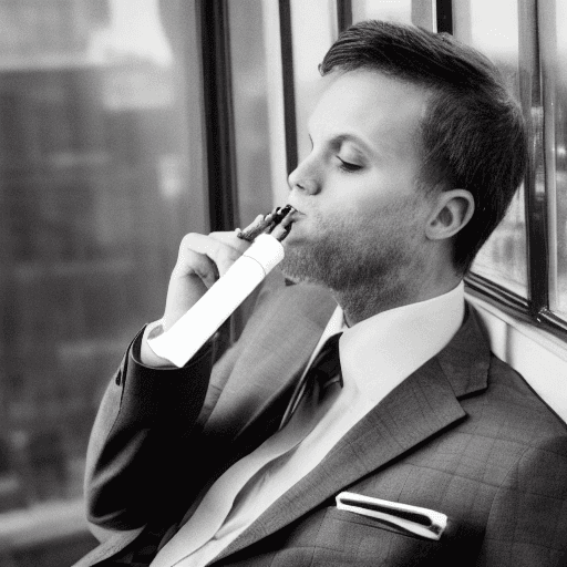 AI generated: At a 45 degree angle by the window, a man in a suit is passionately smoking a cigarette