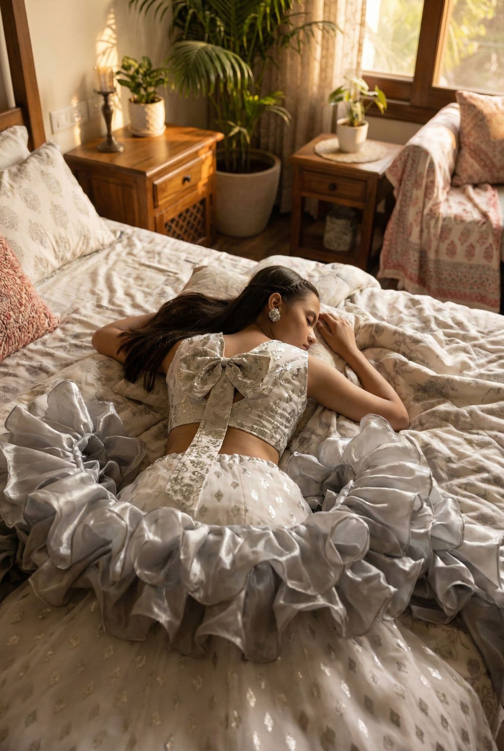 AI generated: This girl is sleeping lying face down on bedroom in this similar dress and showing her back body 