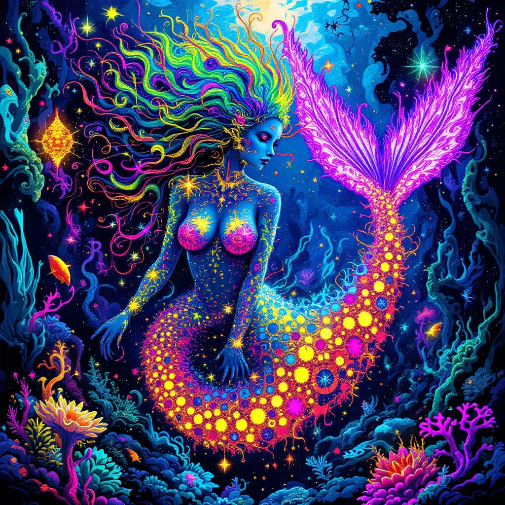 AI generated: Psychedelic mermaid with fractal patterns on skin, glowing tail, surrounded by neon ocean, vibrant c...