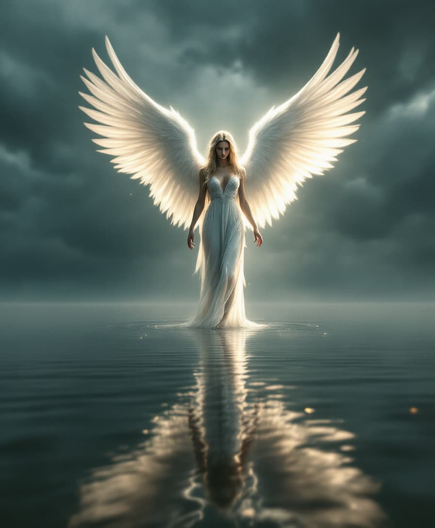 AI generated:  A beautiful angel with white wings stands on the water, her reflection visible in the surface, with...