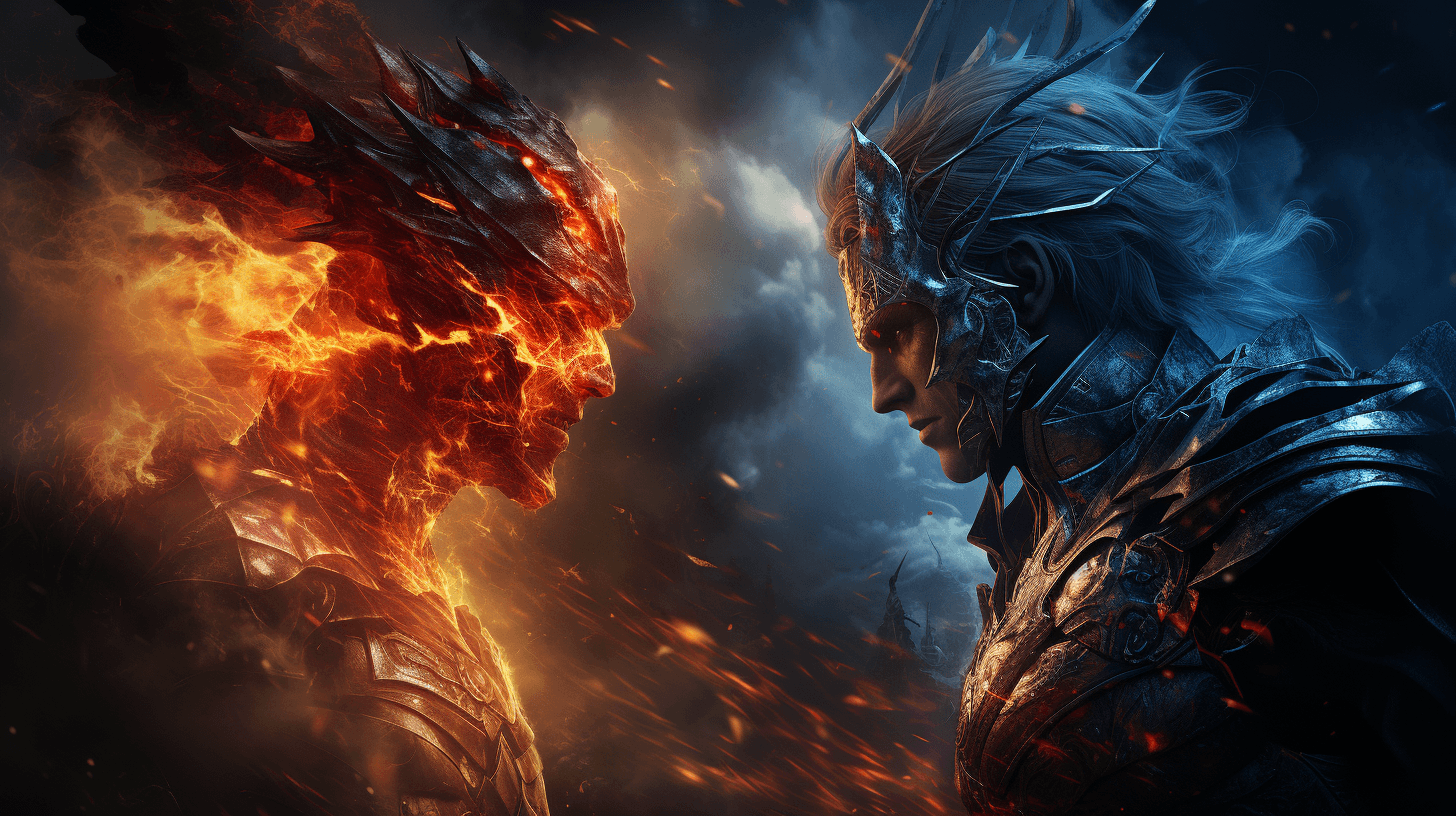 AI generated: Two young armored knights in a fierce battle. A warrior has red flames around his body, Another warr...