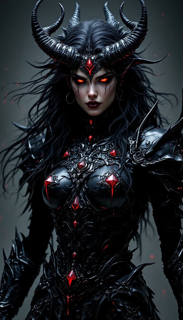 AI generated: An ultra-realistic, full-body portrait of a mesmerizing demon knight woman, her pose both powerful a...