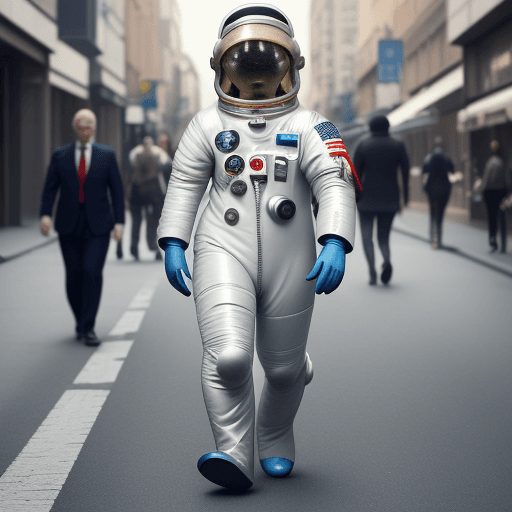 AI generated: fish dressed as an astronaut, in an astronaut helmet, anthropomorphic, humanoid, walking down the st...