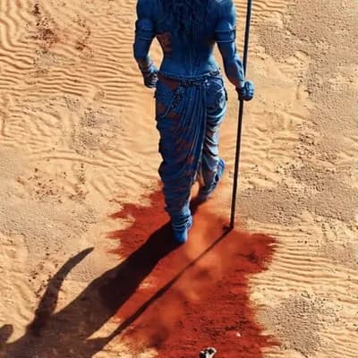 AI generated video: blue lord shiva with trident (trishul) walks on the desert, its shadow long and tall behind it. The ...