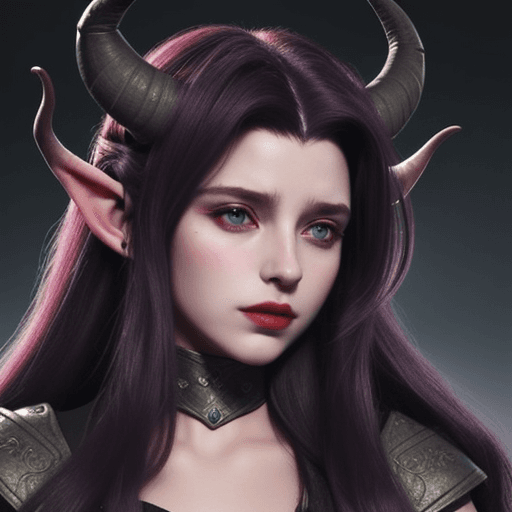 AI generated: Tiefling woman barde long hair two horns

