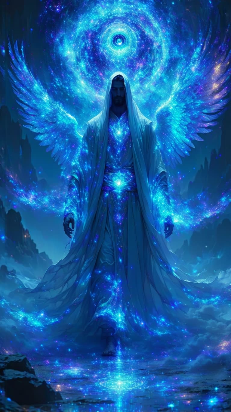 AI generated: A luminous, divine figure floats at the center of an infinite cosmic mandala, their form seamlessly ...