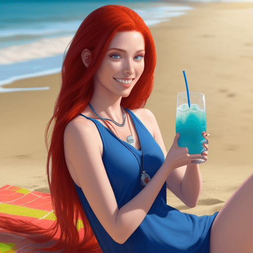 AI generated: Hyper realistic model, in beach clothes, posing on the beach, drinking vine 
, red hair, blue neckle...