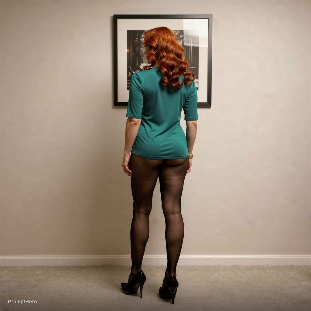 AI generated: a woman with a tosca shirt is looking at a picture on the wall and has her back to the camera, girl ...