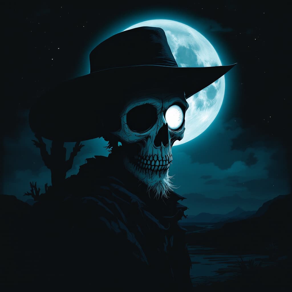 AI generated: moondrop old lonesome cowboy, chisled skullen face, cartoon silhouette dark colors, left eye socket ...