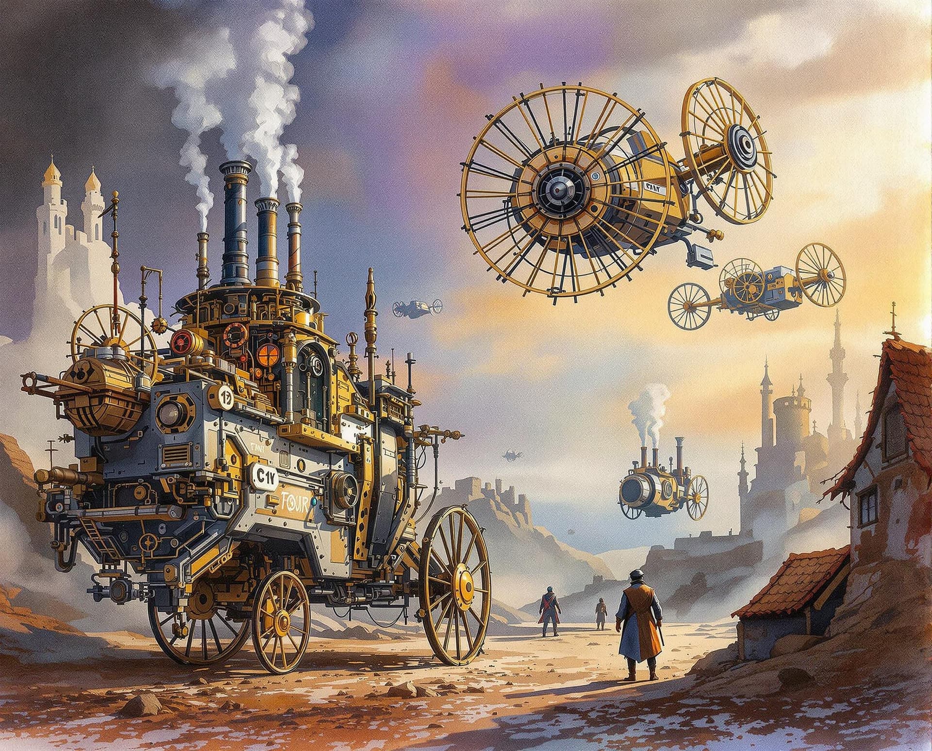 AI generated: Medieval scene, detailed oil color pencils and wet-on-wet colored ink  wash sketch of what life may ...