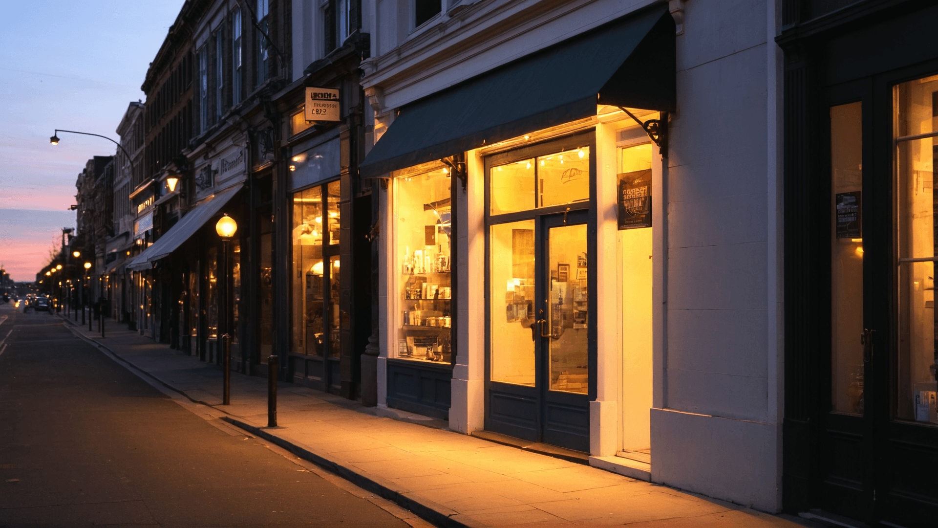 AI generated: evening sunset, shop doorway, City street, , ambient street light, side profile view