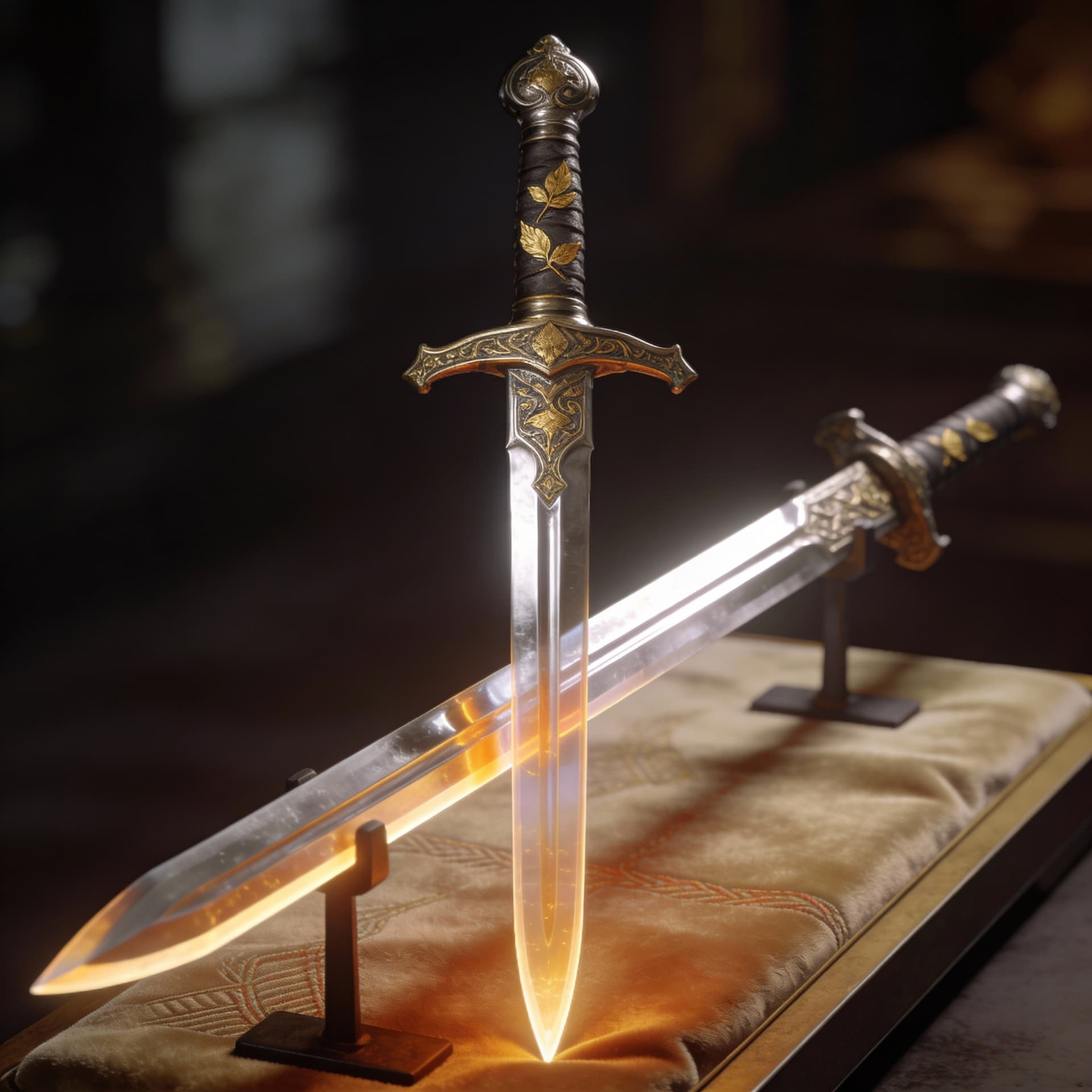 AI generated: Focus on the swords and give a display to showcase the sword only. Show it from tip to hilt from the...