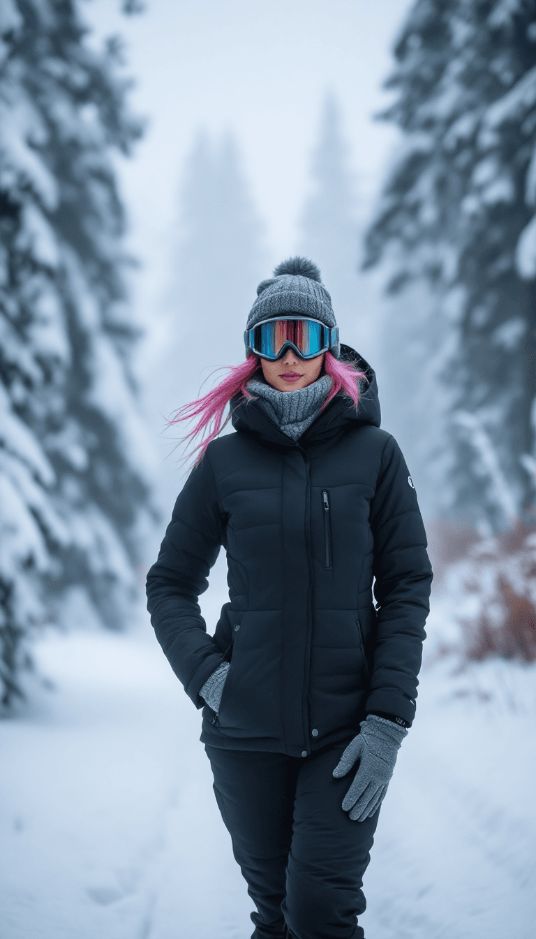 AI generated: Winter scene with a woman in a black insulated jacket and snow pants, gray gloves, and beanie, stand...