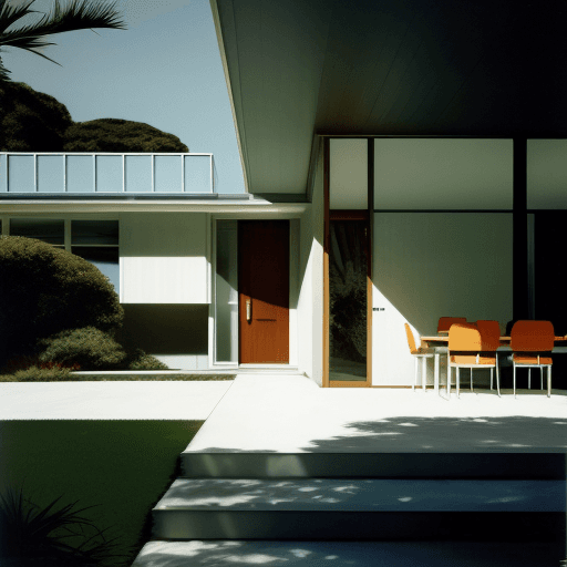 AI generated: Hyper realistic eye level exterior photo of a mid century modern style house overlooking the ocean, ...