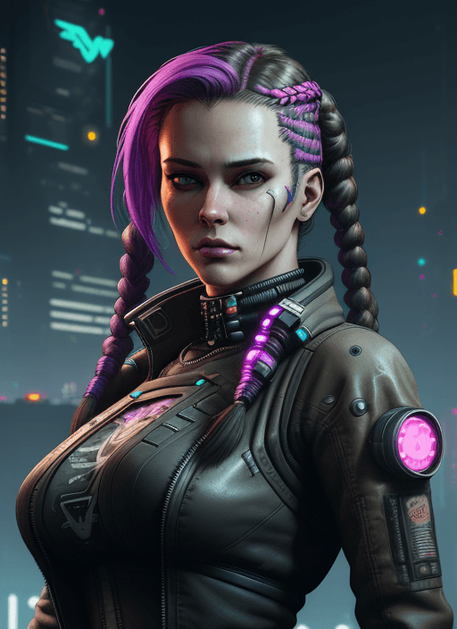AI generated: Feminist Maria. Gorgeous female cyberpunk hacker with long braids. gorgeous face. Realistic Proporti...