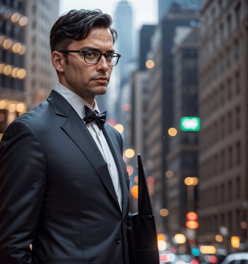 AI generated: Medium Long Shot, looking_at_ viewer, a male 40 years old lawyer wearing a optical glasses, short ha...